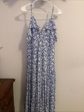 miami Blue and White Floral Ruffle Maxi Dress